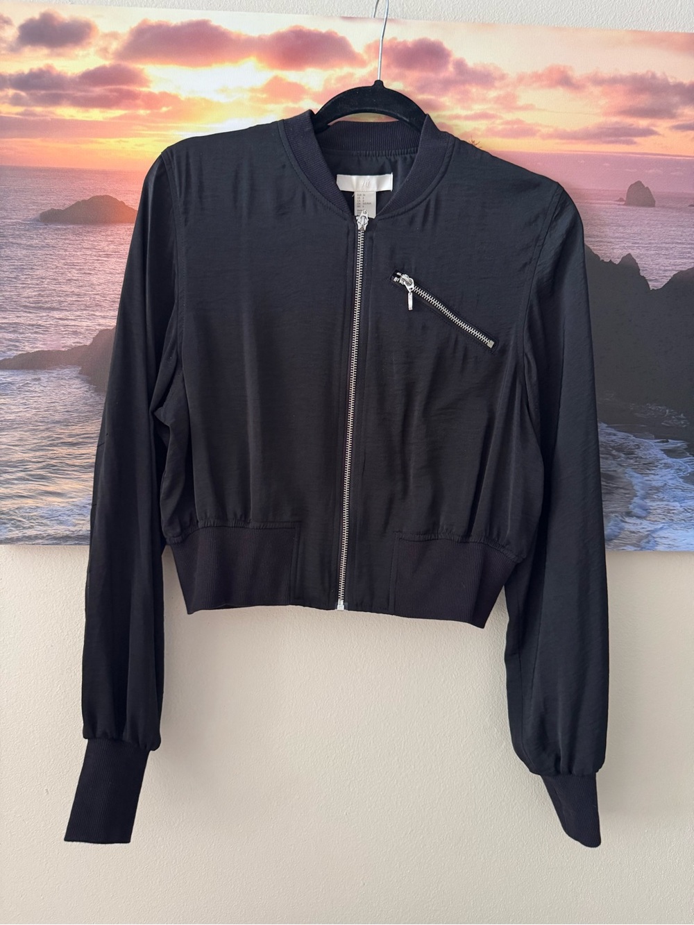 Express Women's Black Lightweight Cropped Bomber Jacket with Zip Pocket/ S/